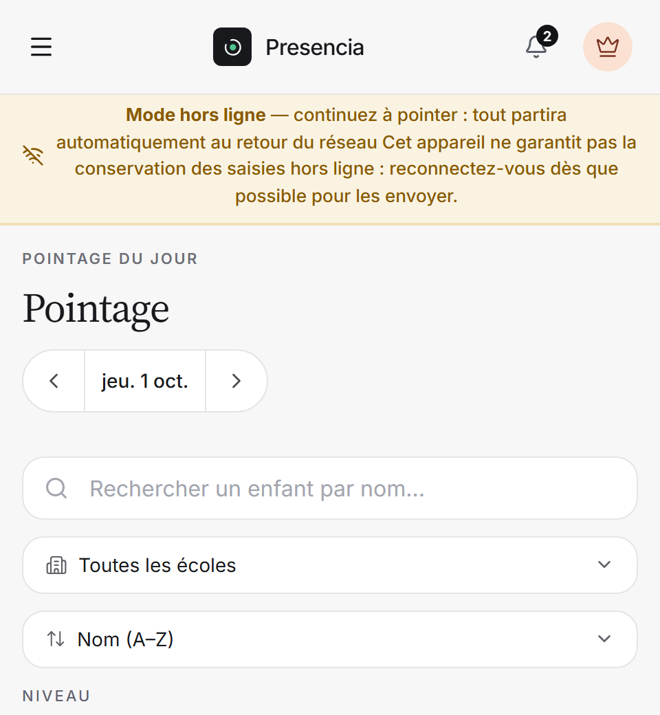 Écran de pointage hors connexion : bandeau « Mode hors ligne — continuez à pointer »