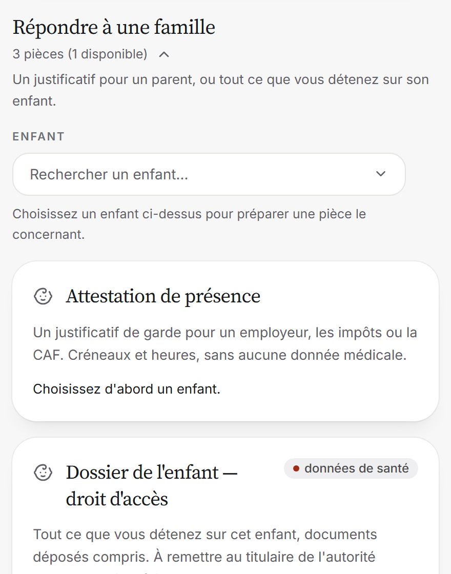 Centre de téléchargement : pièces à remettre à une famille, dont l'attestation de présence