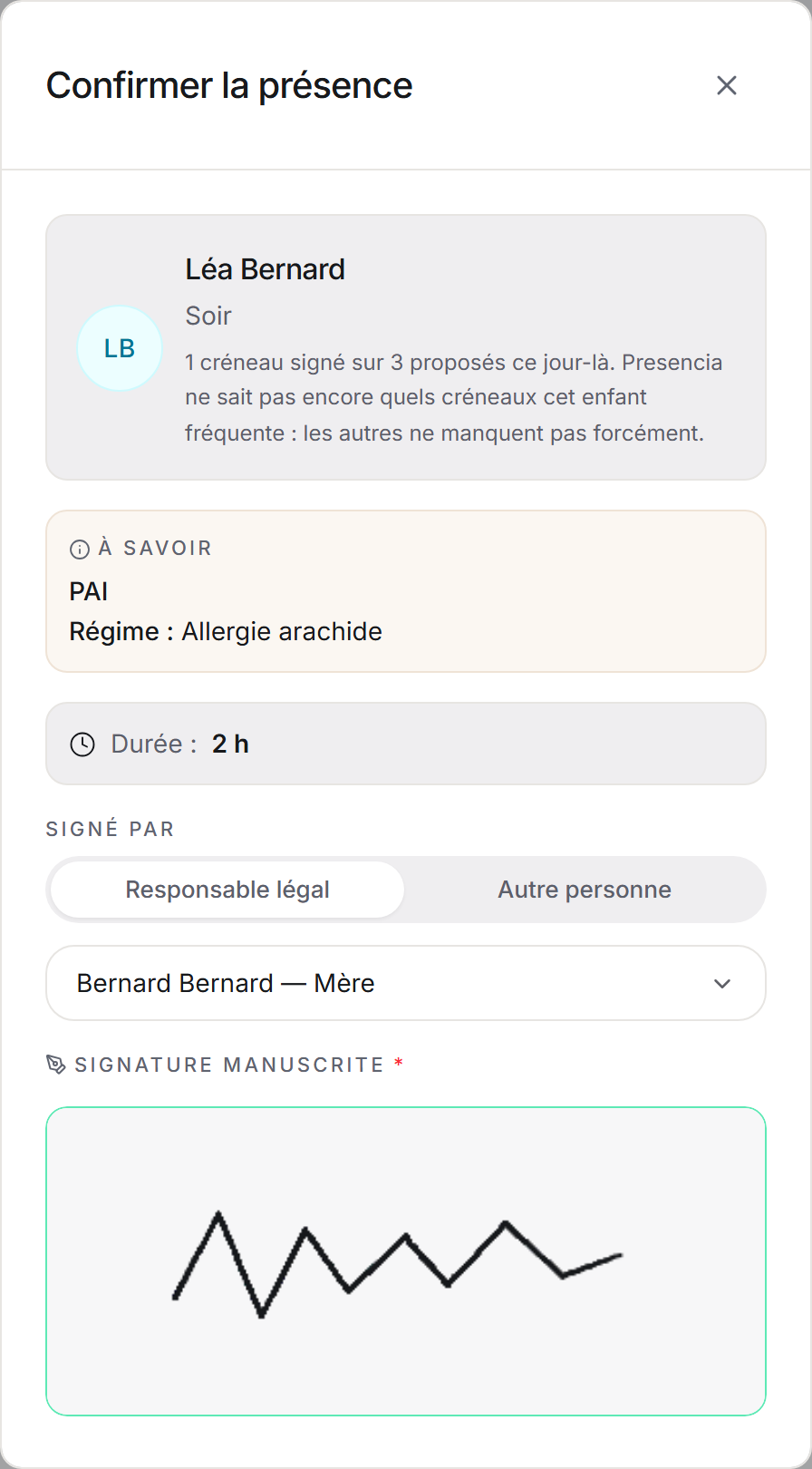 Fenêtre « Confirmer la présence » : créneau du soir, personne qui récupère l'enfant, signature au doigt
